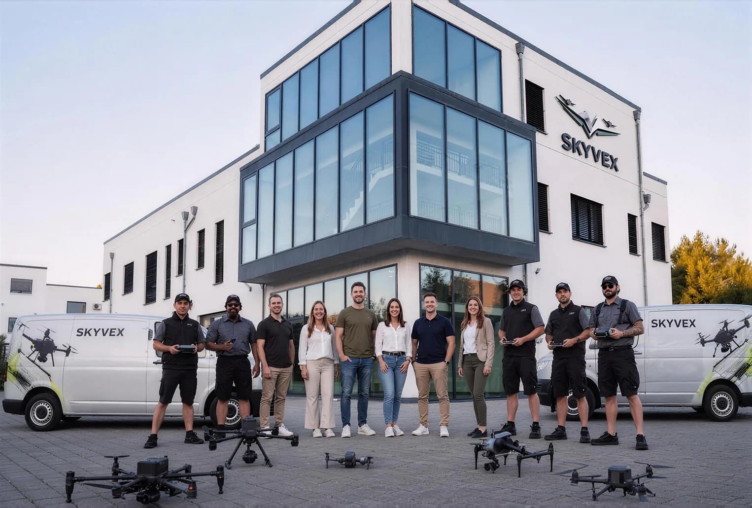 Das SKYVEX-Team mit Drohnen und Einsatzfahrzeugen vor der Zentrale