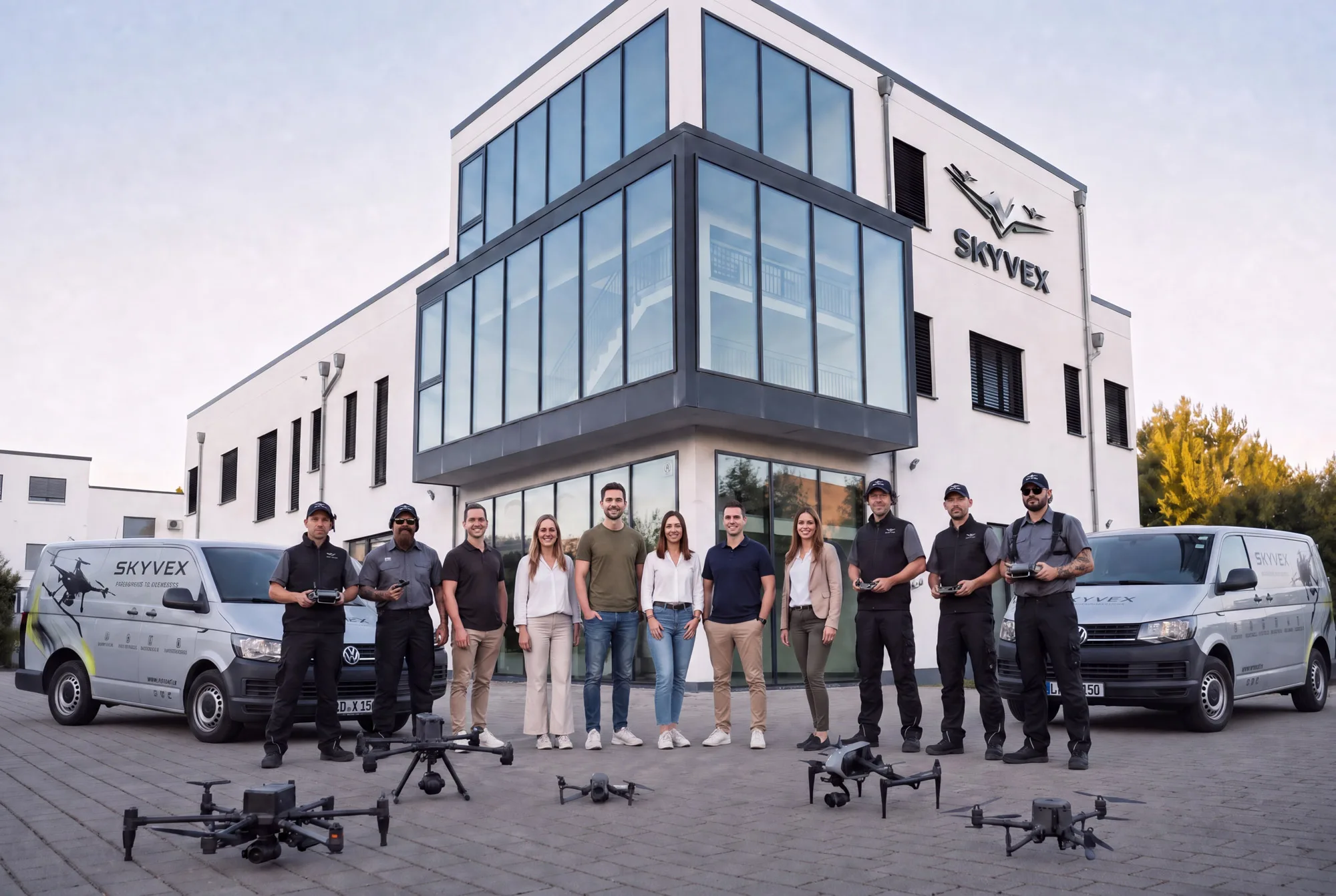 Das Skyvex-Team mit Drohnen und Einsatzfahrzeugen vor der Zentrale